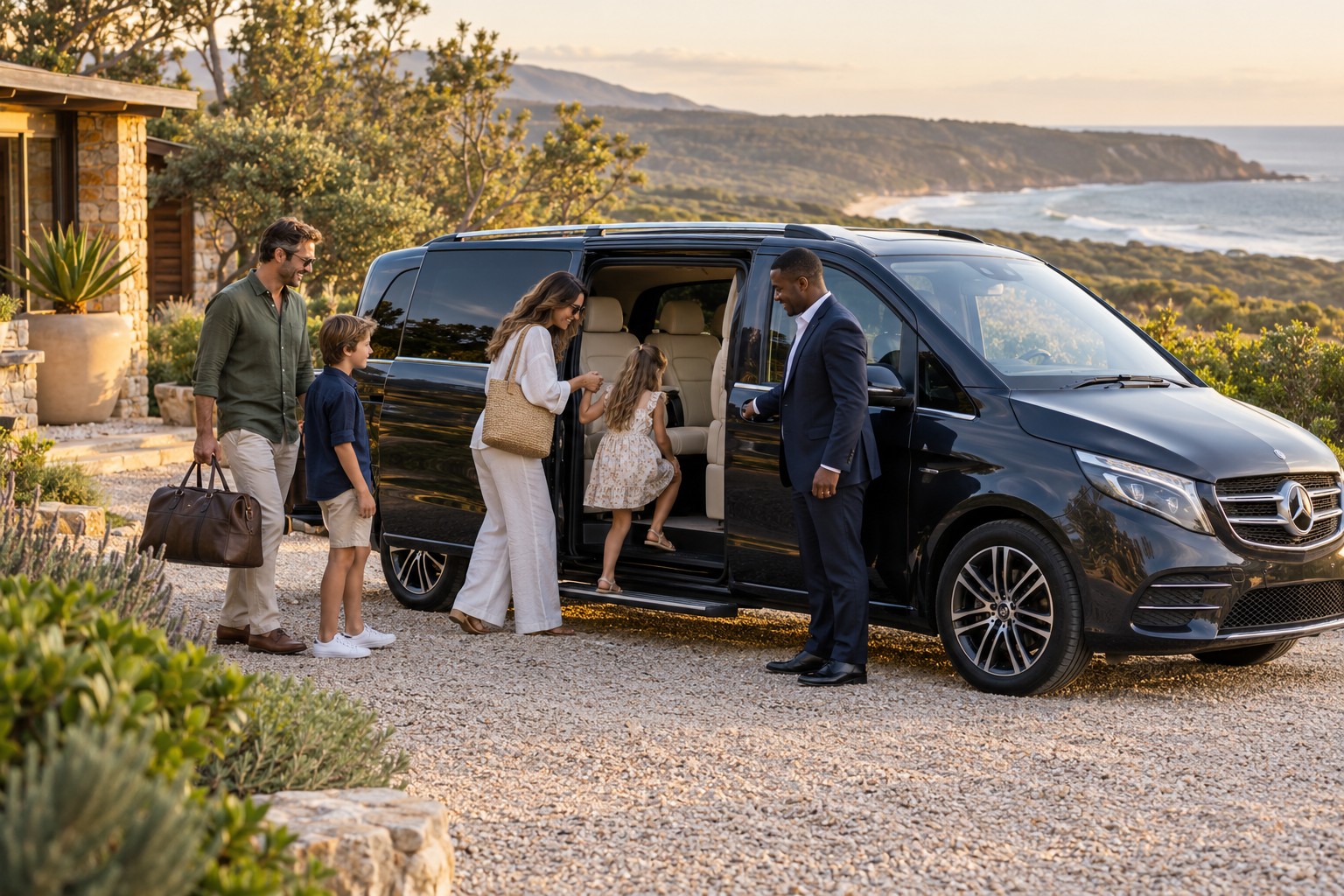 Illustrative image of a family boarding a premium Mercedes passenger van with a chauffeur at a coastal lodge