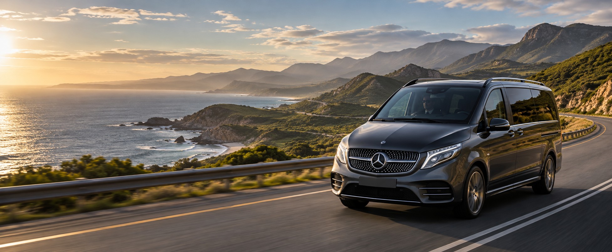 Illustrative image of a Mercedes passenger van on a scenic Garden Route-style highway